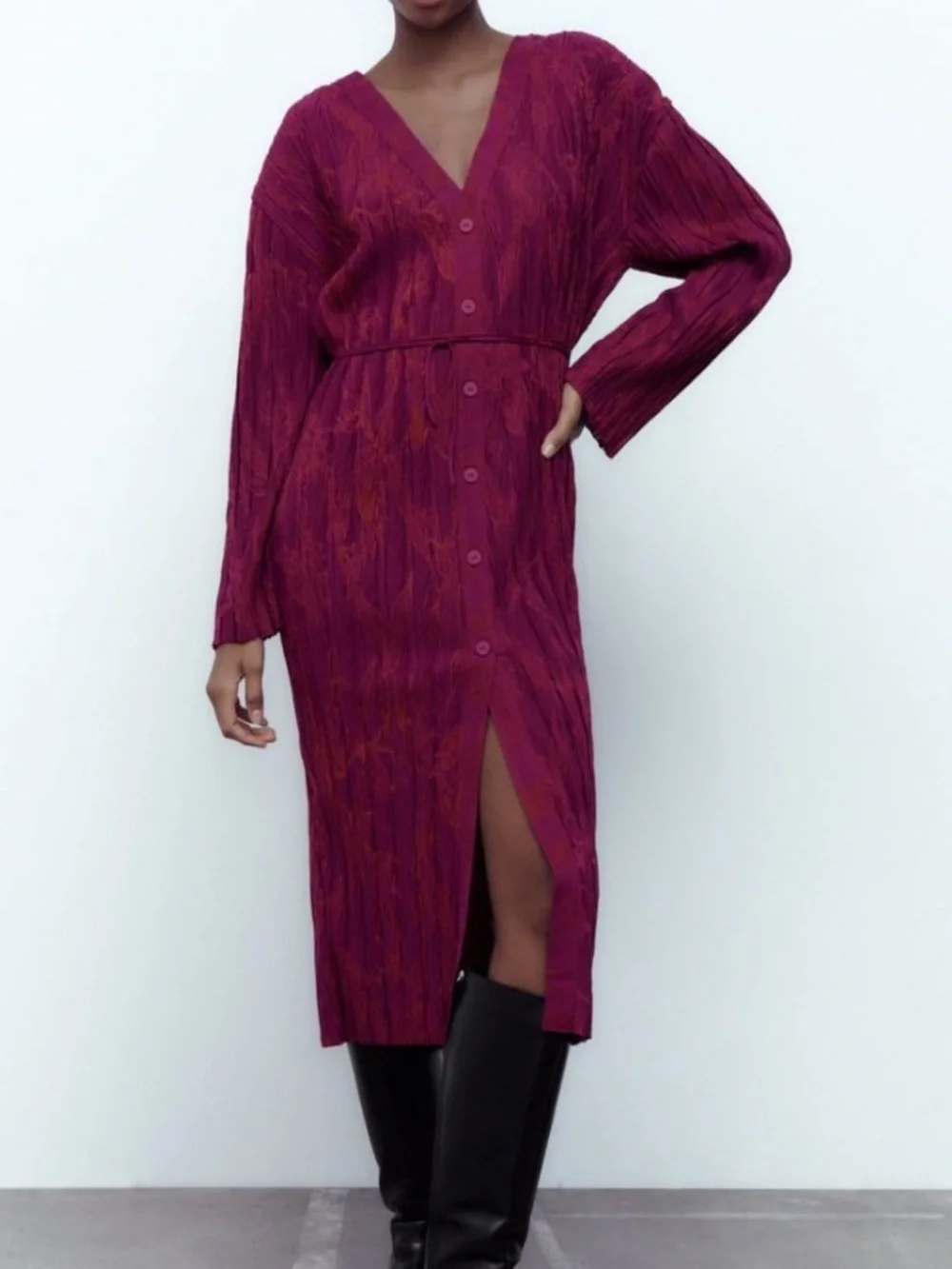 ZARA Jacquard Button Down Long Sleeve Midi Dress With Belt Womens Large